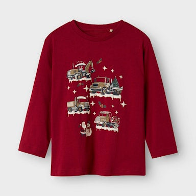 Red long-sleeve shirt with christmas designs on a white background