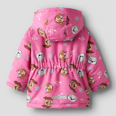 Pink children's jacket with pawpatrol character print on a grey background