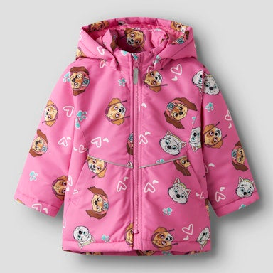 Pink children's jacket with paw patrol character print on a light gray background