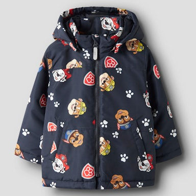 Children's navy jacket with Paw Patol pattern on a light grey background