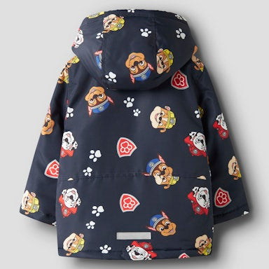 Children's navy raincoat with paw patrol dog pattern on a light grey background