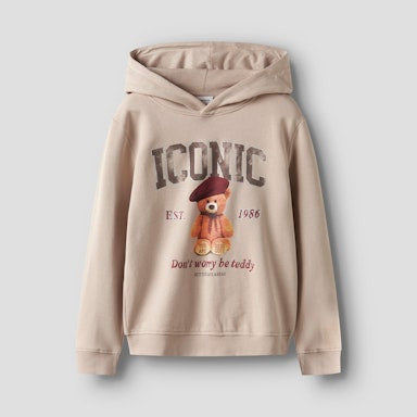 beige hoodie with teddy bear and the word 'iconic' on the front 