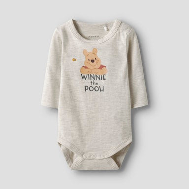 Gray baby bodysuit with Winnie the Pooh design on a light  background
