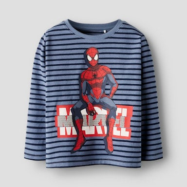 striped top with spiderman image sitting on a marvel sign