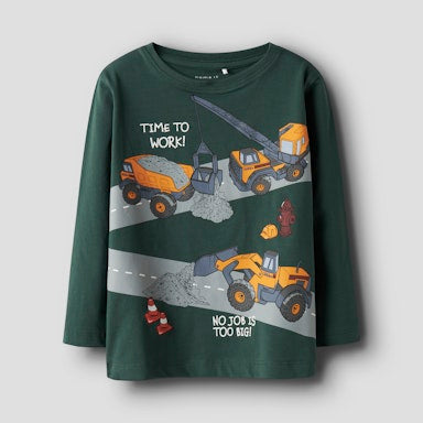 Green long-sleeve shirt with construction vehicle graphics and text on a light gray background