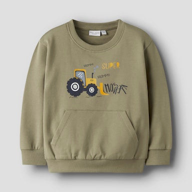 Children's olive green sweatshirt with a digger design on a light  background