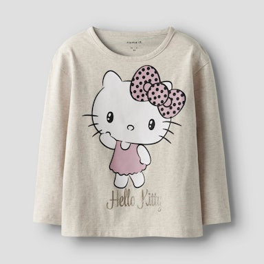 Beige long-sleeve shirt with Hello Kitty design on a light background