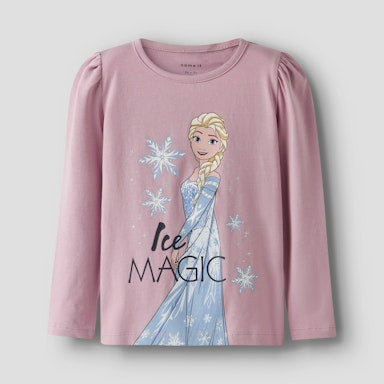 Pink long-sleeve shirt with Elsa from Frozen design on a light  background