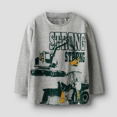Gray long sleeve top with construction vehicle graphic and 'STRONG' text on a light background