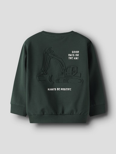 Green sweatshirt with excavator graphic and text on a light background
