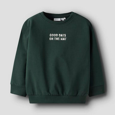 Green sweatshirt with 'GOOD DAYS ON THE WAY' text on a light  background