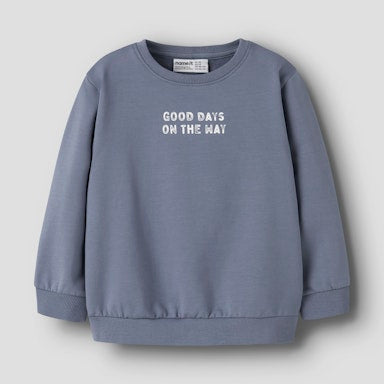 Blue sweatshirt with 'Good Days on the Way' text on a light background