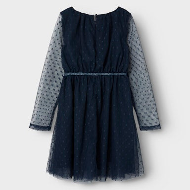 Navy dress with sheer sleeves on a white background