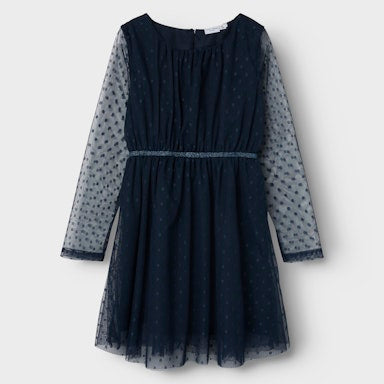 Navy blue dress with sheer sleeves on a light grey background