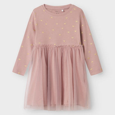 Pink dress with tulle skirt and heart patterns on a white background