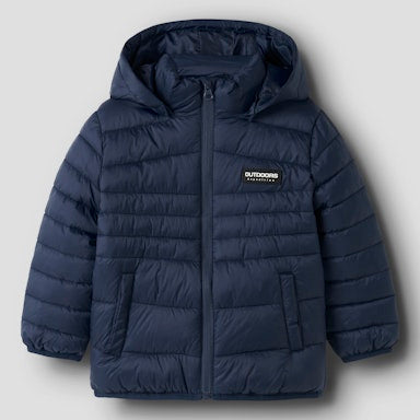navy blue puffer jacket on a light background