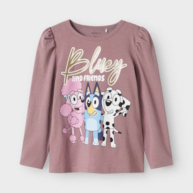 Purple long-sleeve shirt with 'Bluey and Friends' characters on a white background