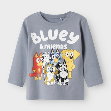 blue long-sleeve top with 'Bluey & Friends' graphic on a white background