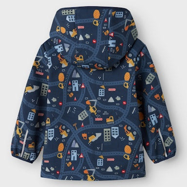 Children's jacket with construction vehicle pattern on a white background