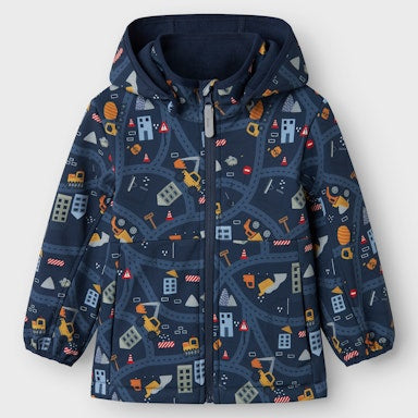 Children's navy jacket with construction vehicle pattern on a light grey
 background