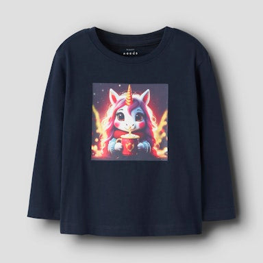 Navy blue long-sleeve shirt with a colorful unicorn graphic on a light grey background