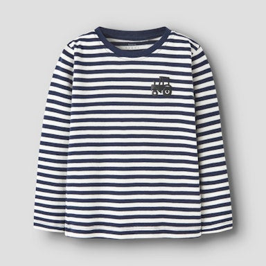 Navy and white striped long-sleeve shirt  with tractor motif on a light  background