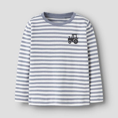 Striped long-sleeve shirt with a tractor design on a light background