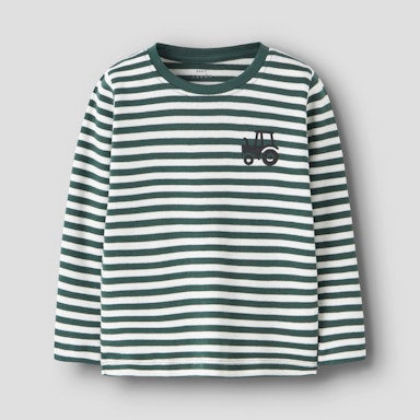 Striped long-sleeve shirt with a tractor design on a light background