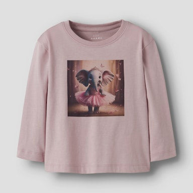 Pink long-sleeve shirt with a graphic of an elephant in a dress on a light grey background