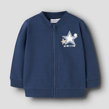 Navy blue baby's jacket with star design and text on a light grey background