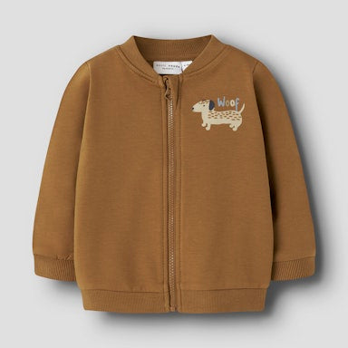 Brown children's jacket with a dog graphic and 'WOOF' text on a light grey background