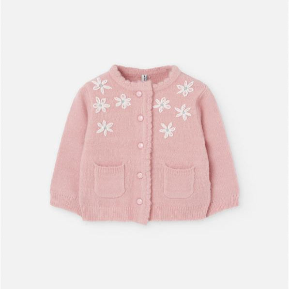 Pink cardigan with floral patterns on a white background