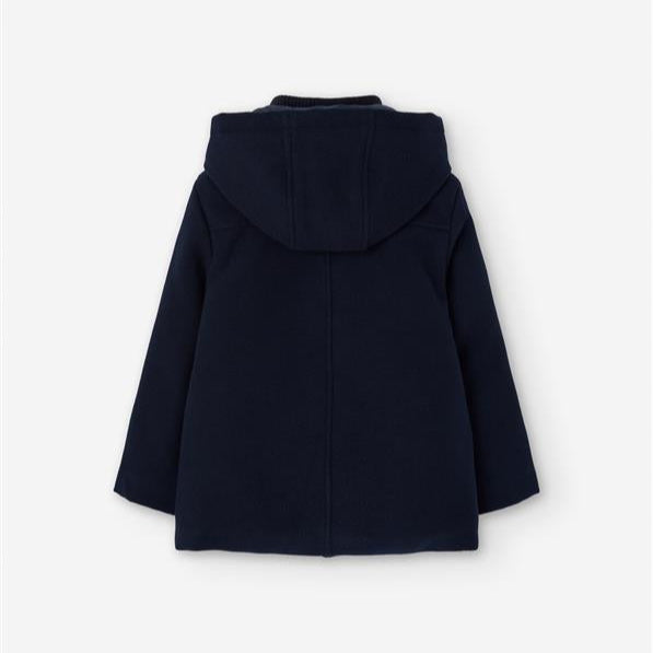 Navy blue hooded coat on a white background
