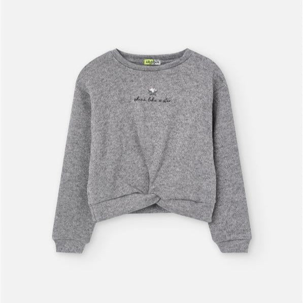 Grey sweatshirt with a brand logo on a white background
