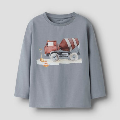 Gray long-sleeve shirt with a truck graphic on a light grey background