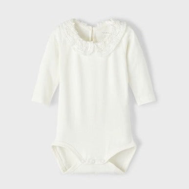 lace collared white body suit for baby