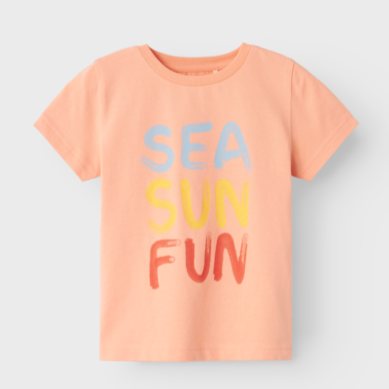 orange boys summer tshirt with the words sea sun fun on the front