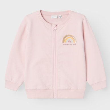girls pale pink zipped sweat top with rainbow motif on front 