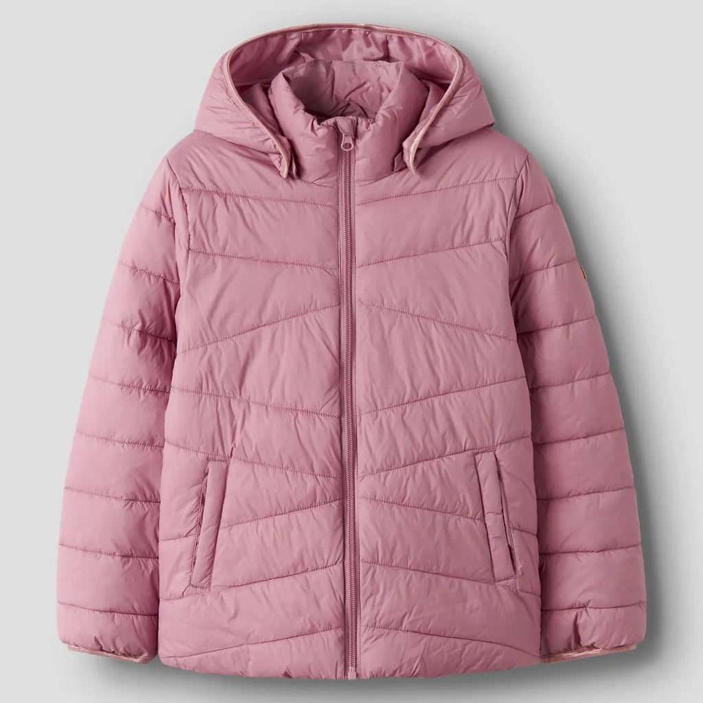 Pink puffer jacket on a light grey background